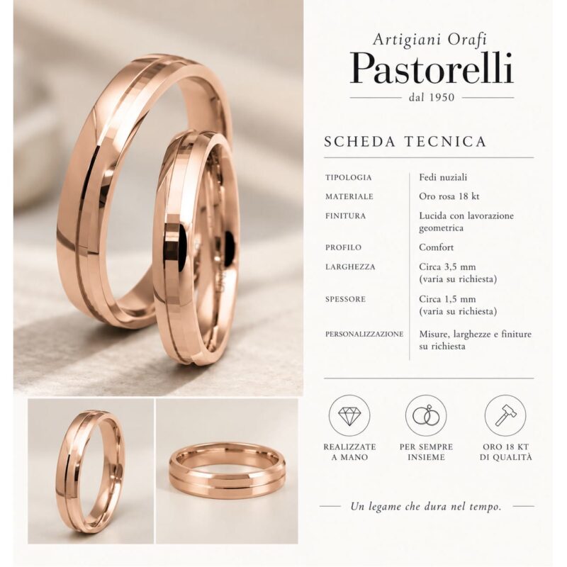 Fedi in oro rosa con lavorazione geometrica