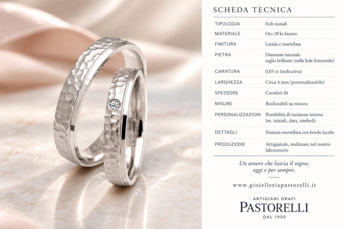 Fedi martellate in oro bianco con diamante