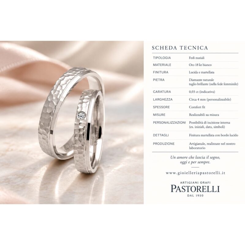 Fedi martellate in oro bianco con diamante